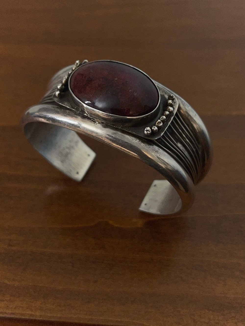 Sterling is Silver Cuff Bracelet with Deep Red Stone